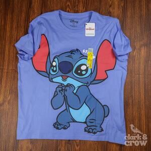 Disney Lilo & Stitch Big Face Graphic Tee Blue Womens L NWT Cute Character Shirt